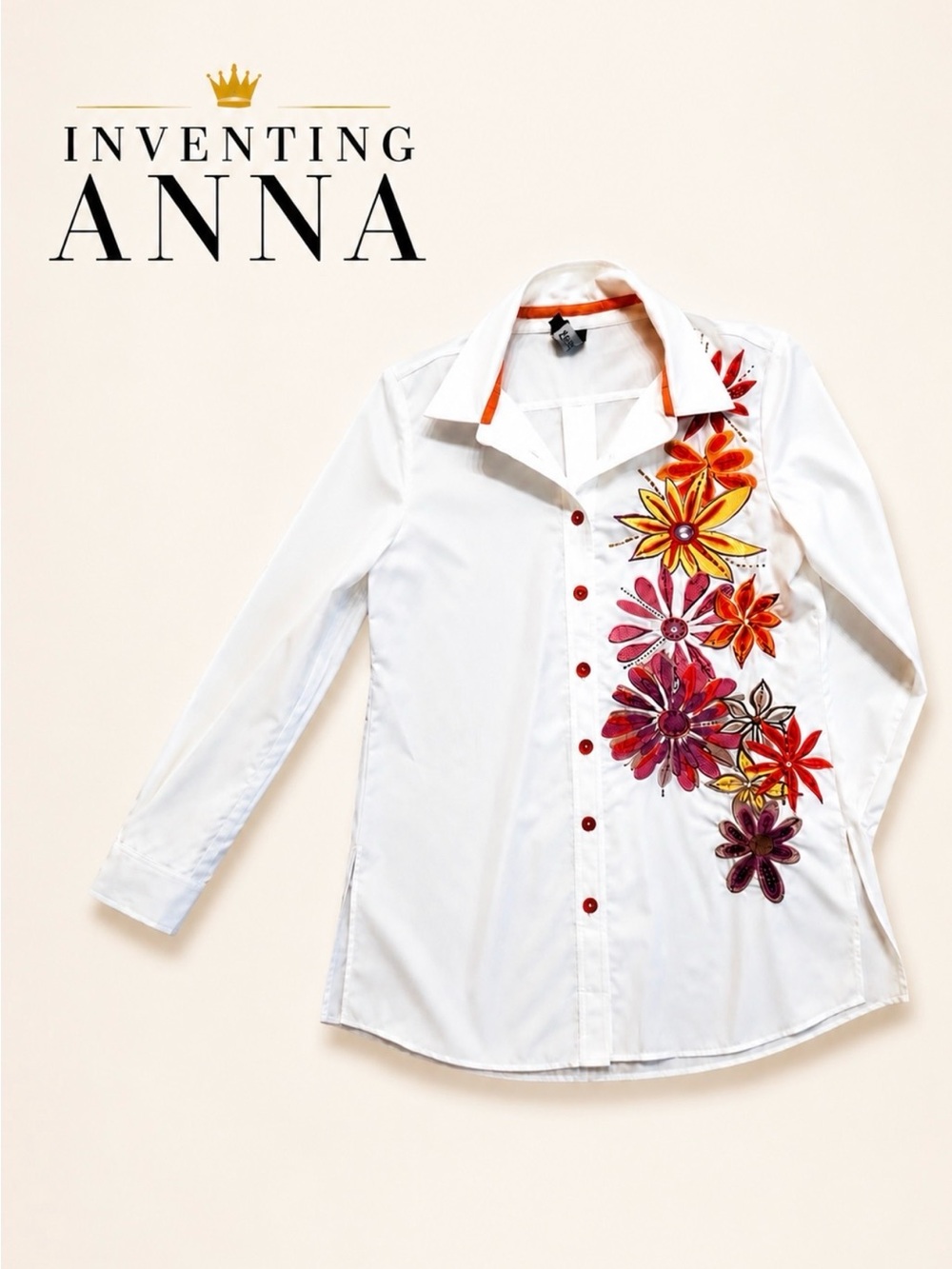 BEREK White Long Sleeve Shirt/Shirt Dress w/Orange/Purple Embroidery Sequins